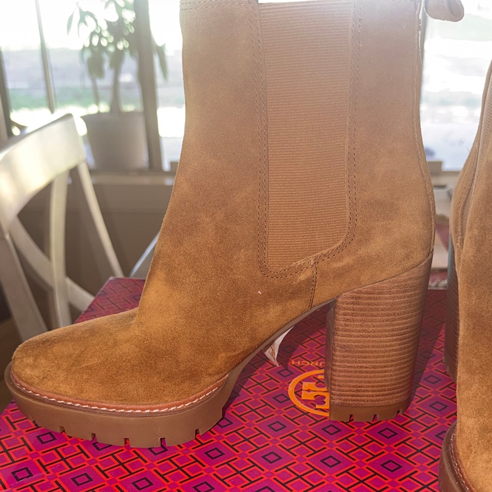 Tory Burch Chestnut Suede Platform Chelsea Booties with Stacked Heel - Picture 8 of 9